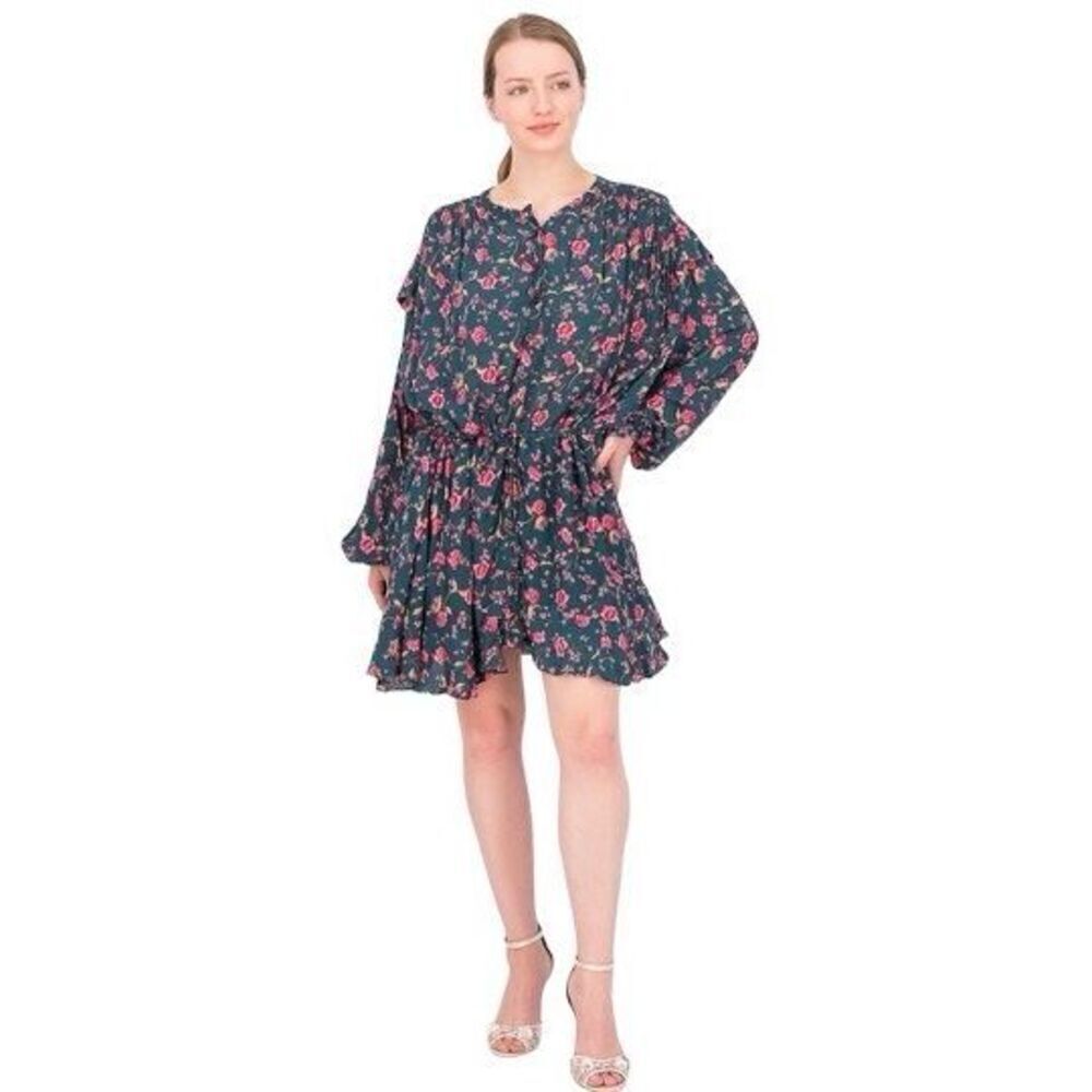 Free People New Floral Green Button Front Long Sleeve Dress Medium